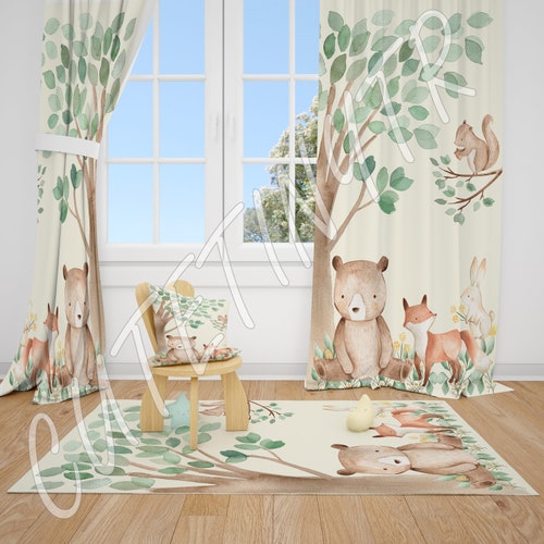 Woodland Nursery Curtains Baby Room Curtains Bear Fox Etsy