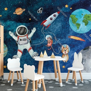 Carta da parati con acquerello, pianeti spaziali, astronauta, stacca e incolla la decorazione della parete della cameretta dei bambini