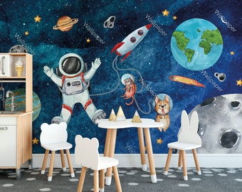Aquarell Weltraum Planeten Astronaut Tapete Schälen und Aufkleben Nursey Wand Dekor Kinder Wandbild