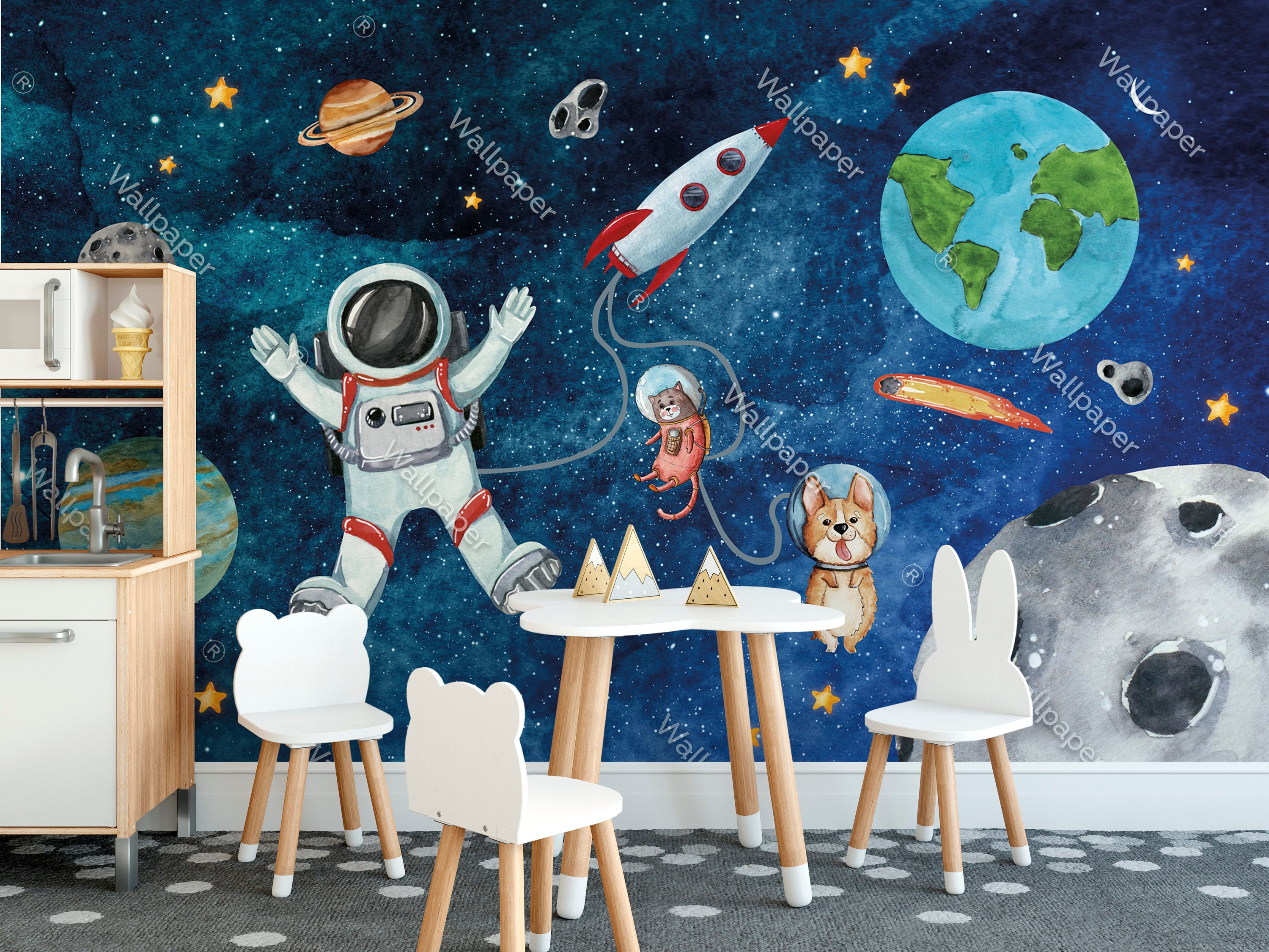 Watercolor Space Planets Astronaut Wallpaper Peel and Stick Nursey Wall ...