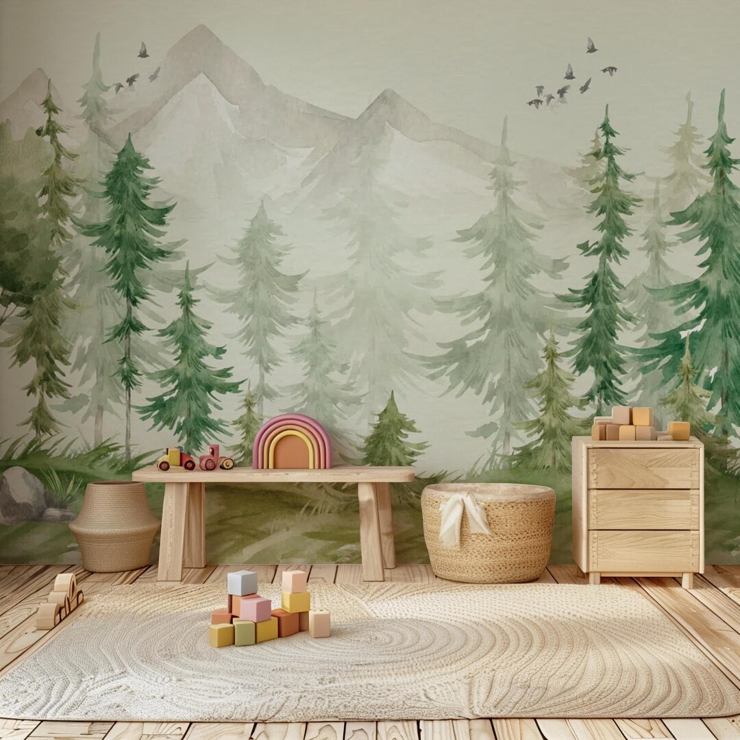 Mountain and Green Forest Wallpaper: Peel and Stick Pine Tree Nursery ...