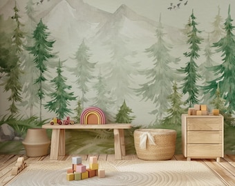 Mountain and Green Forest Wallpaper: Peel and Stick Pine Tree Nursery Wall Mural