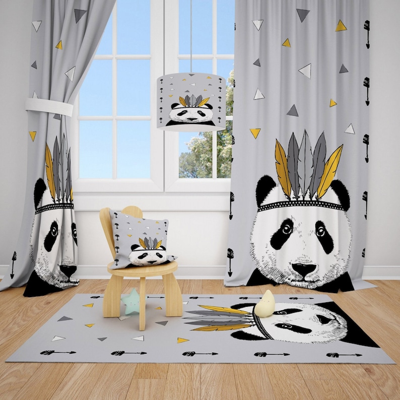Panda And Color Triangles Baby Boy Room, Boy Room Curtains