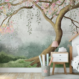 Blühender Baum mit Weidenzweigen Tapete, Blühender Baum, Kinderzimmer Wandbild, Kindertapete, Schälen und Aufkleben