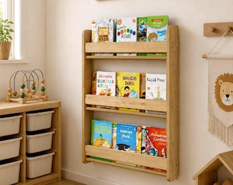Libreria a muro Montessori a 3 ripiani, espositore in legno per libri per bambini, mensola a muro per la cameretta.