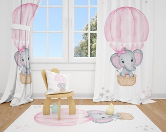 Cute Elephant Balloon and Stars Baby Girl Room Rug Nursery Rug Kids Room Rug