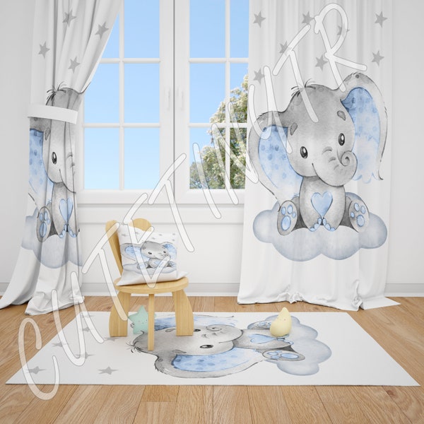 Elephant and Stars Baby Boy Room Curtains Nursery Curtains Window Curtains