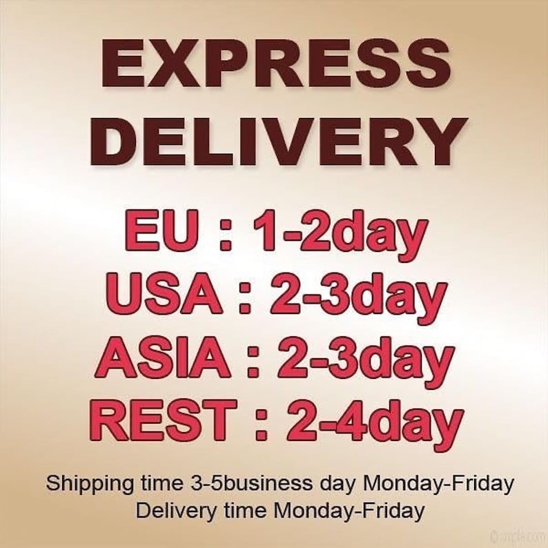 Peut inclure: Un panneau graphique avec du texte brun fonc&eacute; indiquant EXPRESS DELIVERY suivi de texte rouge listant les d&eacute;lais d'exp&eacute;dition : EU 1-2day, USA 2-3day, ASIA 2-3day, et REST 2-4day. Le texte en bas indique Shipping time 3-5business day Monday-Friday.