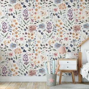 Papier peint aquarelle douces fleurs sauvages, décoration murale pour chambre d'enfant, fleurs sauvages pour filles