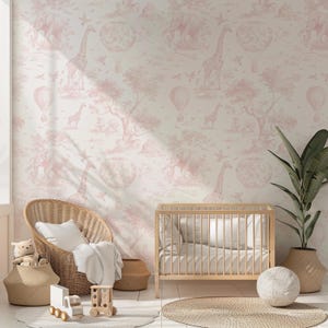 Blush Pink Safari Toile-tapet: Skalbar och självhäftande väggmålning för barnrum bild 5