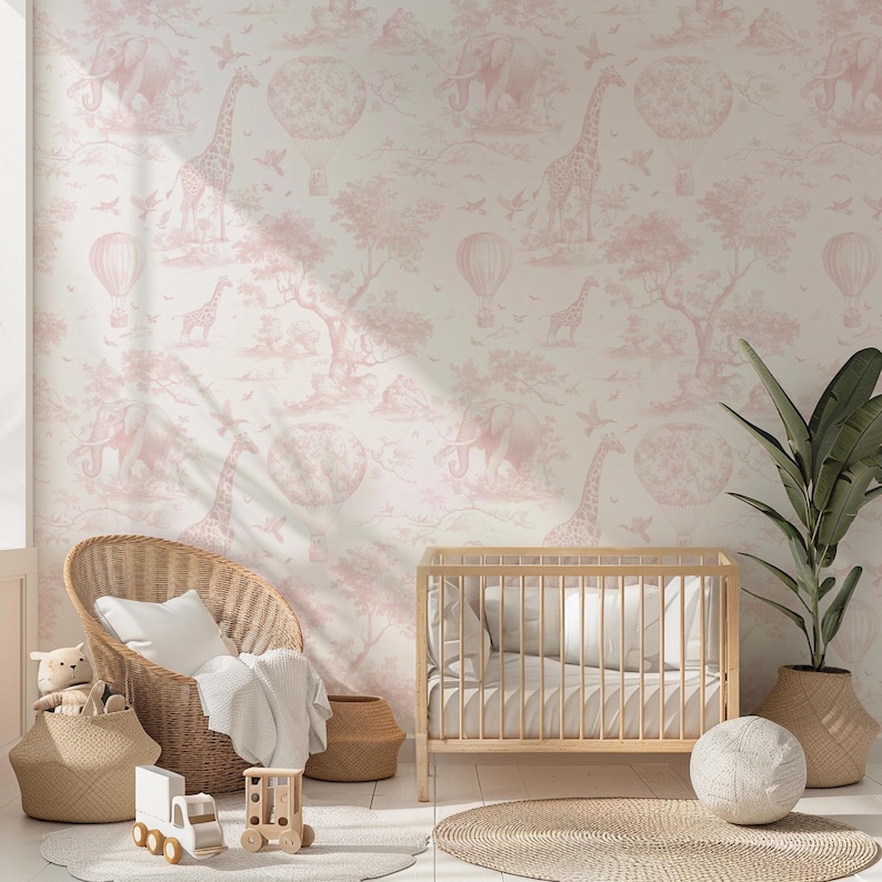 Blush Pink Safari Toile-tapet: Skalbar och självhäftande väggmålning för barnrum bild 5