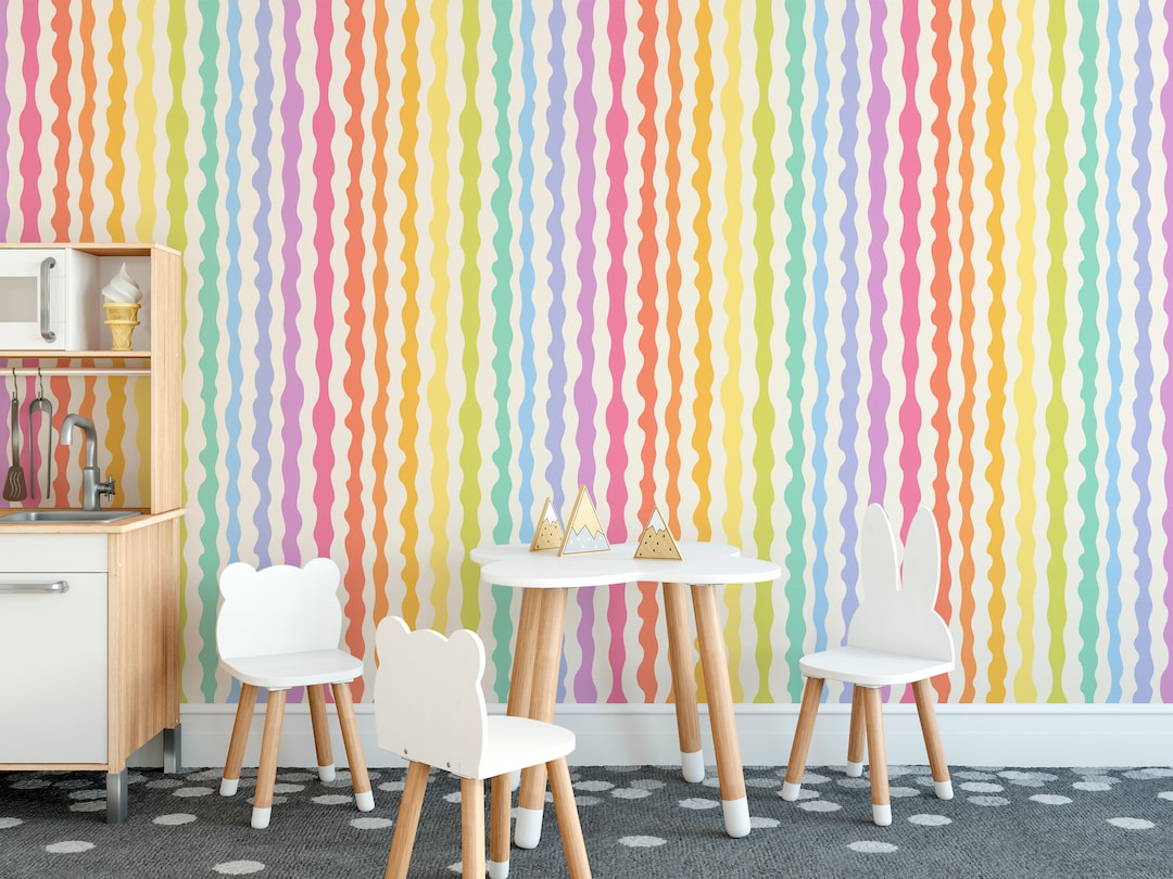 Pastel Rainbow Striped Peel and Stick Wallpaper, Nursery Kids Wall ...