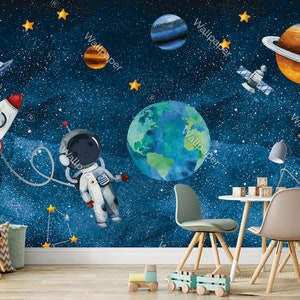 Raum, Astronaut, Planeten Tapete Schälen und Aufkleben Nursey Wand Dekor Kinder Wandbild
