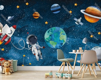 Weltraum, Astronaut, Planeten Tapete zum Abziehen und Aufkleben, Kinderzimmer-Wanddekoration für Kinder