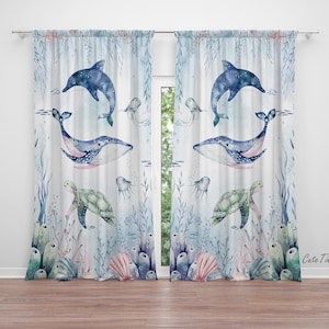 Watercolor Ocean Animals Baby Boy Room Curtain Nursery Curtains Window Curtains
