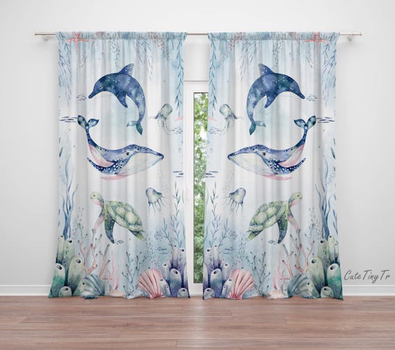 Watercolor Ocean Animals Baby Boy Room Curtain Nursery Curtains Window  Curtains