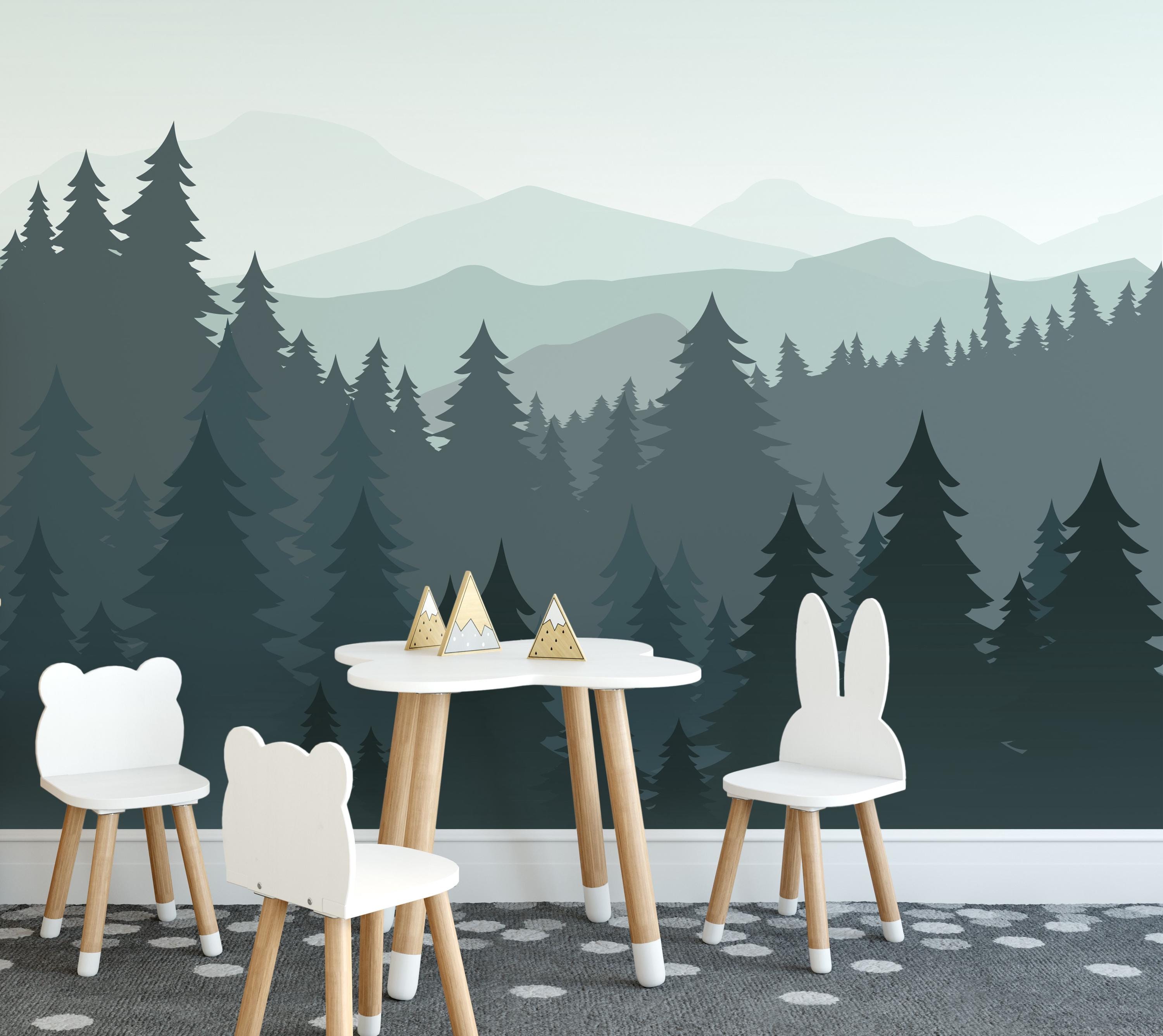 Pine Tree and Mountain Wallpaper: Peel and Stick Nursery Wall Mural - Etsy