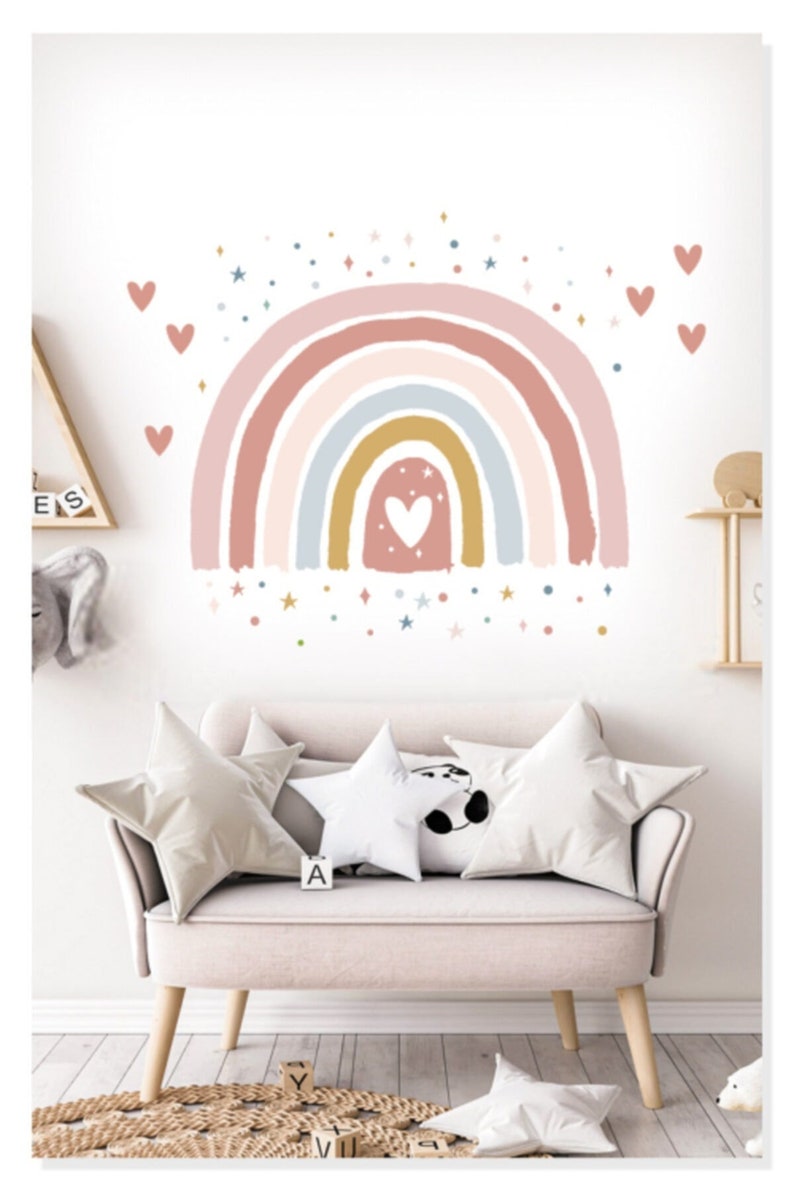 Boho Pink Rainbow and Hearts Wall Sticker Girls Room Wall Decor Nursery Wall Decal image 1