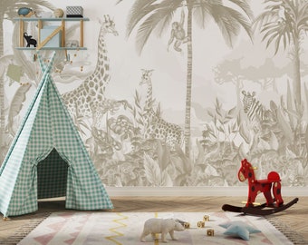 Watercolor Safari Animals Wallpaper: Peel and Stick Jungle Mural