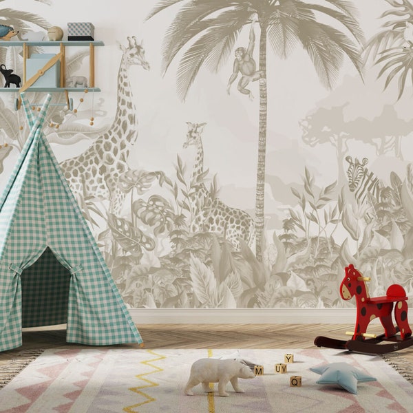 Watercolor Safari Animals Wallpaper: Peel and Stick Jungle Mural