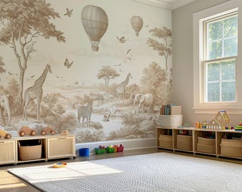 Neutral Safari Animals Wallpaper: Peel and Stick Nursery Wall Mural