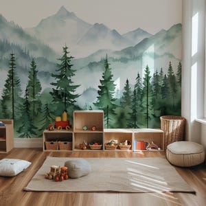 Watercolor Mountain Forest Wallpaper: Peel and Stick Nursery Wall Mural