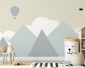 Soft Mountains Peel and Stick Wallpaper, Mountain Wall Decal, Hot Air Balloon Wallpaper
