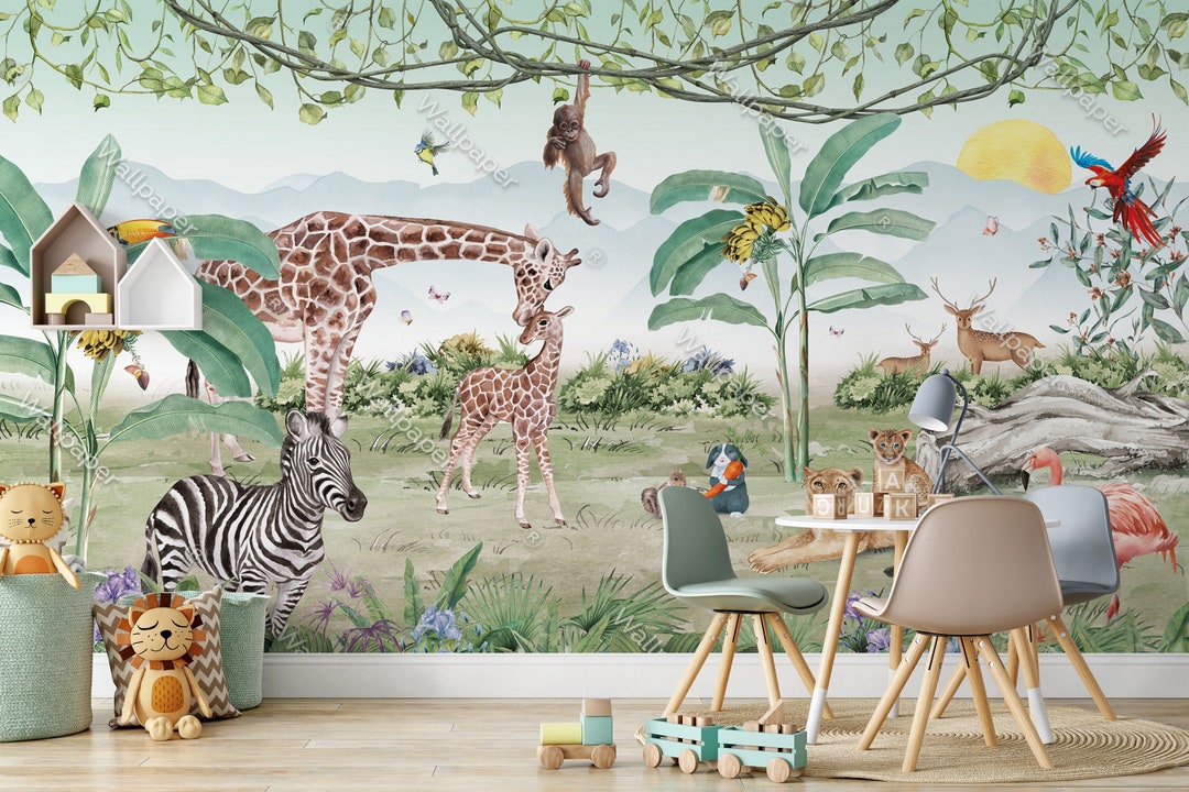 Watercolor Safari Animals Wallpaper Peel and Stick Nursey Wall Decor ...