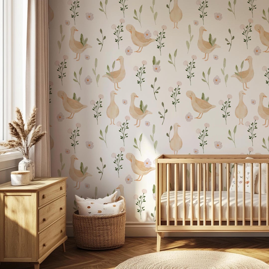 Goose and Wildflowers Wallpaper: Peel and Stick Nursery Wall Decor - Etsy