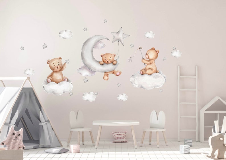Sticker mural aquarelle ours en peluche et étoiles Sticker mural enfant Décoration murale chambre d'enfant image 1