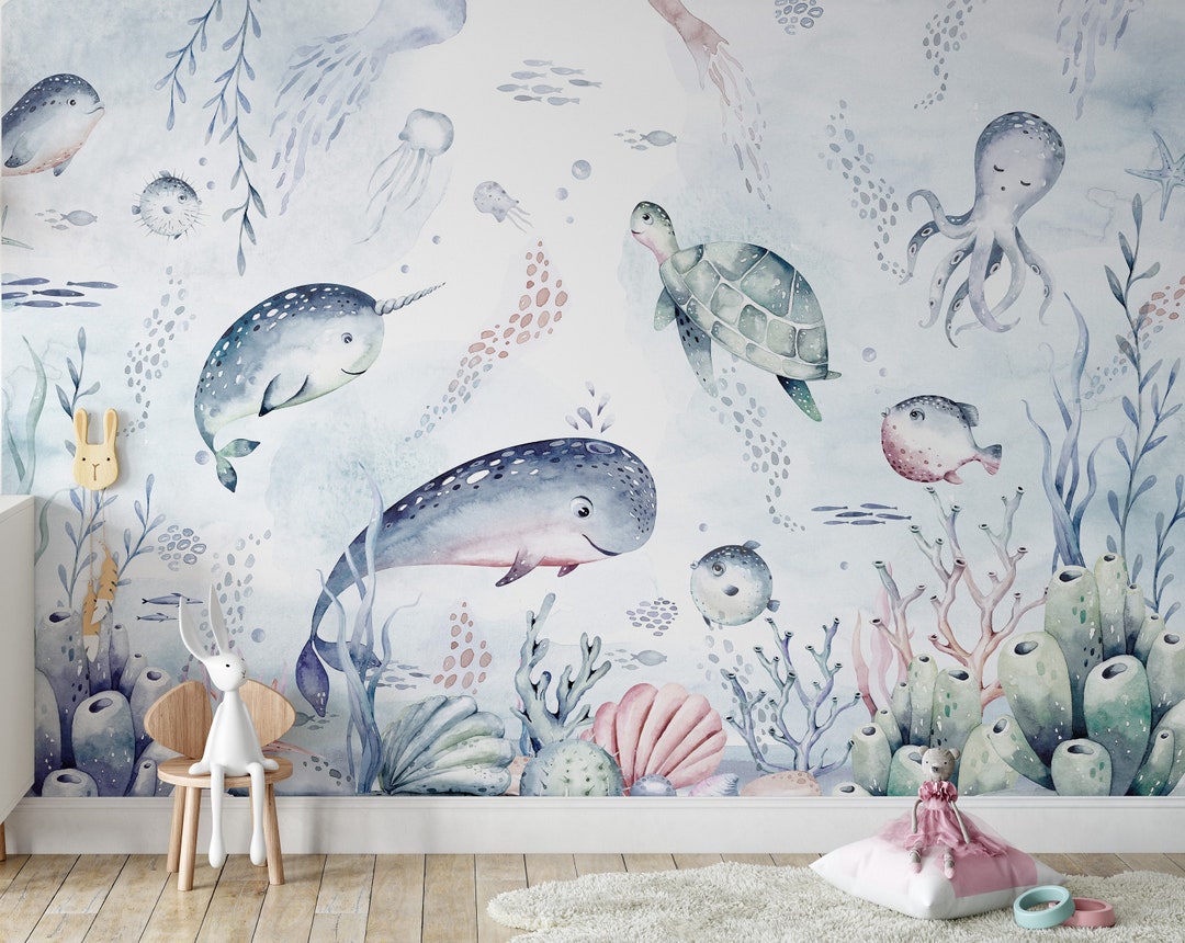 Ocean Animals Wallpaper Peel and Stick Nursey Wall Decor Kids Wall ...