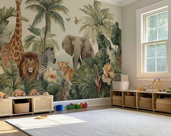 Watercolor Safari Animals Wallpaper: Peel and Stick Nursery Wall Mural