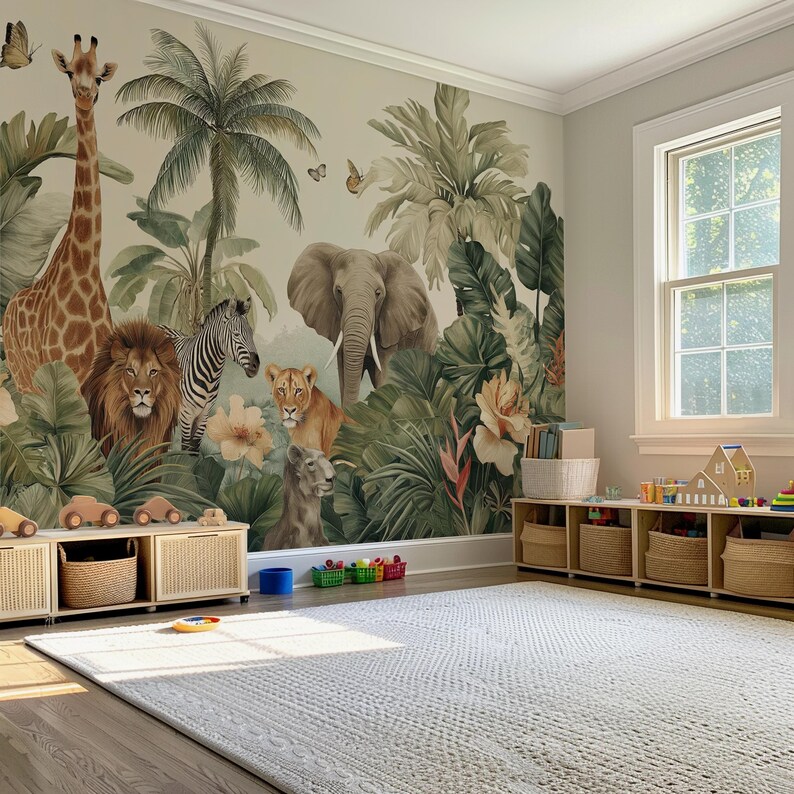 Watercolor Safari Animals Wallpaper: Peel and Stick Nursery Wall Mural ...
