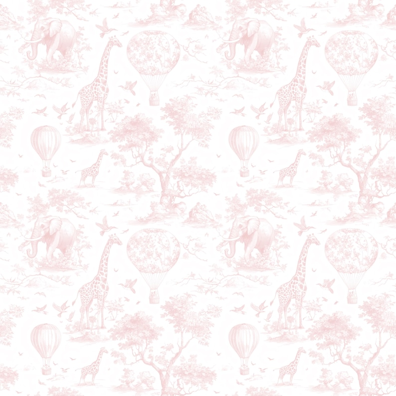 Blush Pink Safari Toile-tapet: Skalbar och självhäftande väggmålning för barnrum bild 2