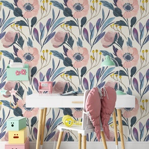 Watercolor Florals Peel and Stick Wallpaper, Soft Flowers Wallpaper, Removable Wallpaper, Botanical Floral Wallpaper