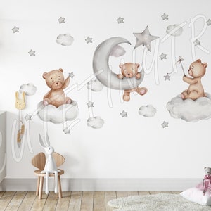 Sticker mural aquarelle ours en peluche et étoiles Sticker mural enfant Décoration murale chambre d'enfant image 2