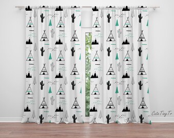 May include: A pair of white curtains with a black and green pattern of teepees, cacti, and mountains. The pattern is repeated throughout the curtains.