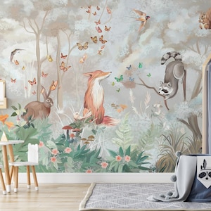 Woodland Animals Nursery Wallpaper: Kids Forest Peel and Stick Wall Mural