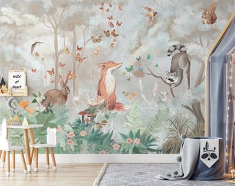 Woodland Animals Nursery Wallpaper: Kids Forest Peel and Stick Wall Mural