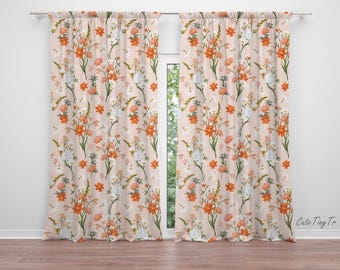 May include: Floral patterned curtains in shades of peach, orange, white, and green. The curtains feature a repeating pattern of stylized flowers and foliage. The curtains are hanging in front of a window, and the overall theme is a spring or summer aesthetic.