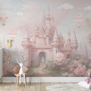 Carta da parati con castello rosa magico, stacca e attacca, decorazione da parete per cameretta dei bambini, murale per bambini, castello della principessa