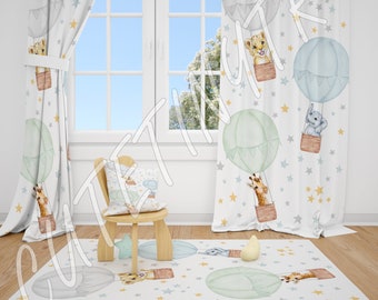Aquarelle, montgolfières et animaux de la jungle, rideau pour chambre de bébé garçon, rideaux pour chambre de bébé, rideaux de fenêtre