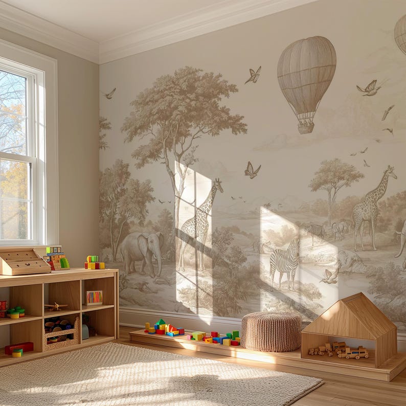 Neutral Safari Animals Wallpaper: Peel and Stick Nursery Wall Mural - Etsy