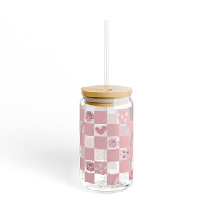 Chic Sipper Glass, 16oz - Floral Pink Checkered Design, Perfect for Parties, Gifts, Home Decor, Eco-Friendly Drinkware