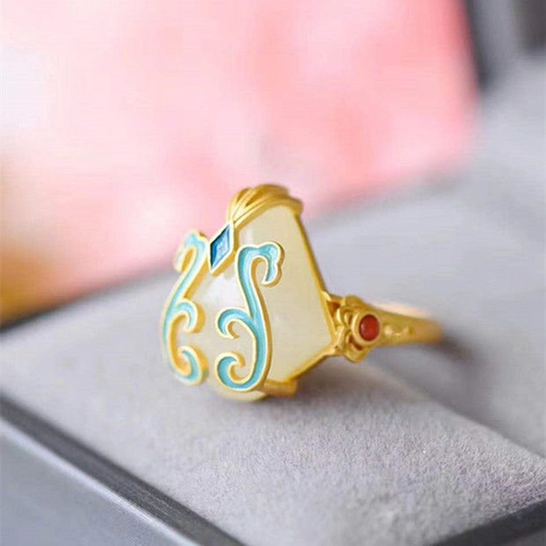 Christmas Sale. White Jade Blue Tourmaline Adjustable Gold Ring