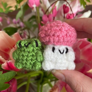 Może przedstawiać: Dwie pluszowe zabawki wykonane na szydełku, jedna zielona, a druga r&oacute;żowa i biała. Zielona pluszowa zabawka ma kształt żaby, a r&oacute;żowa i biała pluszowa zabawka ma kształt grzyba.