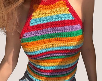 Rainbow Striped Crochet Halter Top Pattern (PDF Download)
