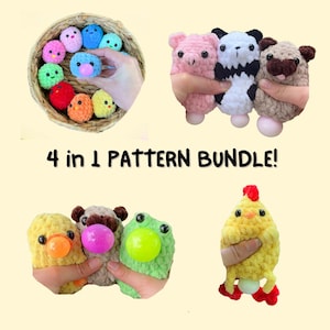 4 in 1 Pattern Bundle- Stress Blobs, Stress Pets, Bubble Butties, Chicken Laying an Egg / Crochet Fidget Toy/ Crochet Stress Ball Pattern