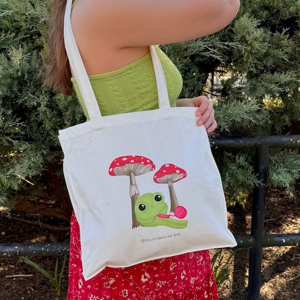 Frog Mushroom Crochet Tote Bag/ Cottagecore Tote bag / Mushroom Tote bag/ Hippiecore shoulder bag/ Tote bag for Crocheters