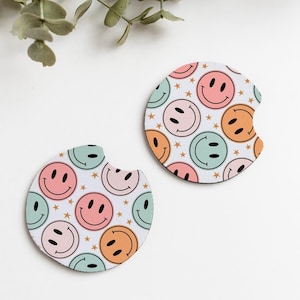 Car Coasters Set of Two Smile Face Car Cup Holder Coasters Cute Car Accessories New Car Gift for Her Stocking Stuffers Car Decor